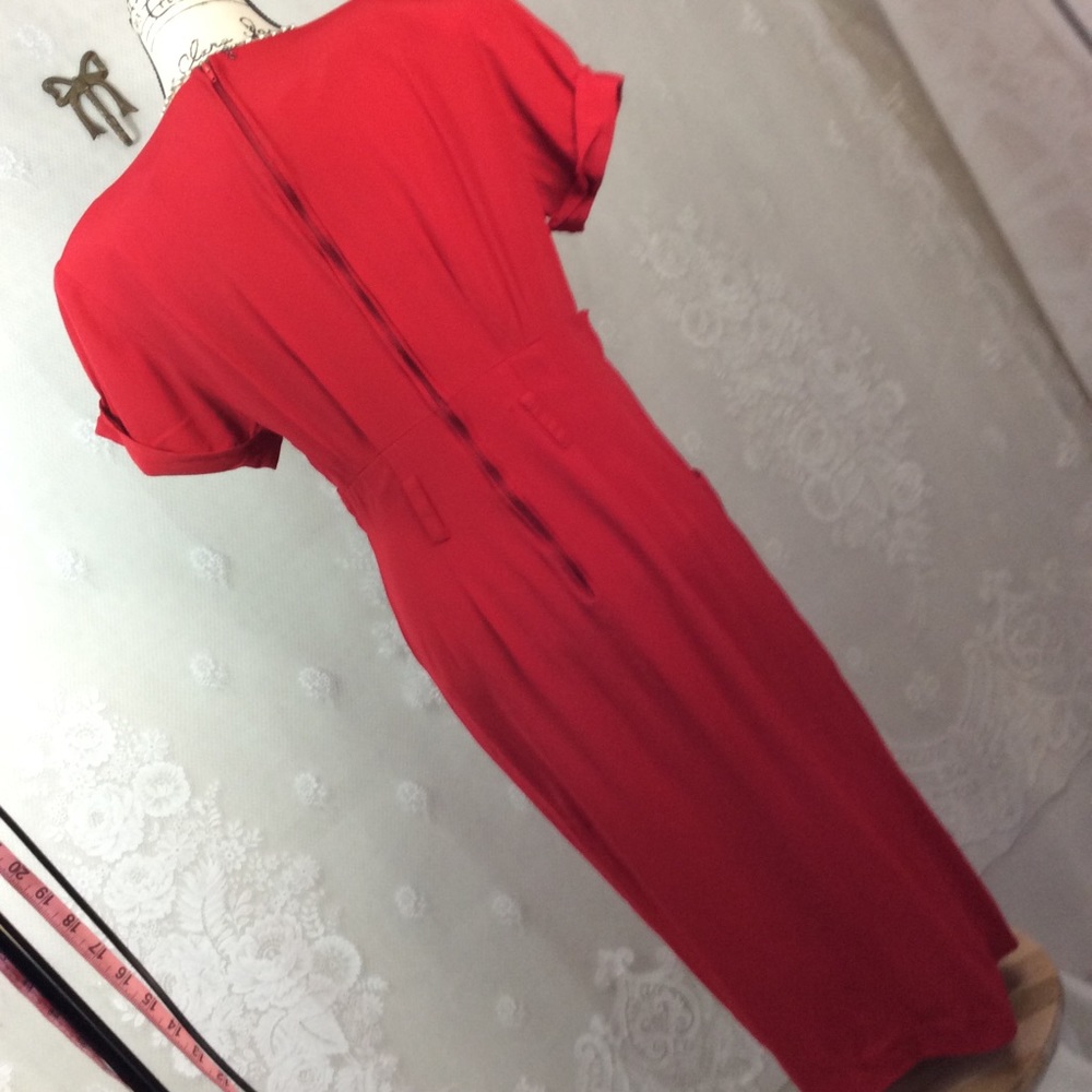 Vintage Red Mock Paper-bag Midi Sheath Dress 12 - Picture 8 of 13
